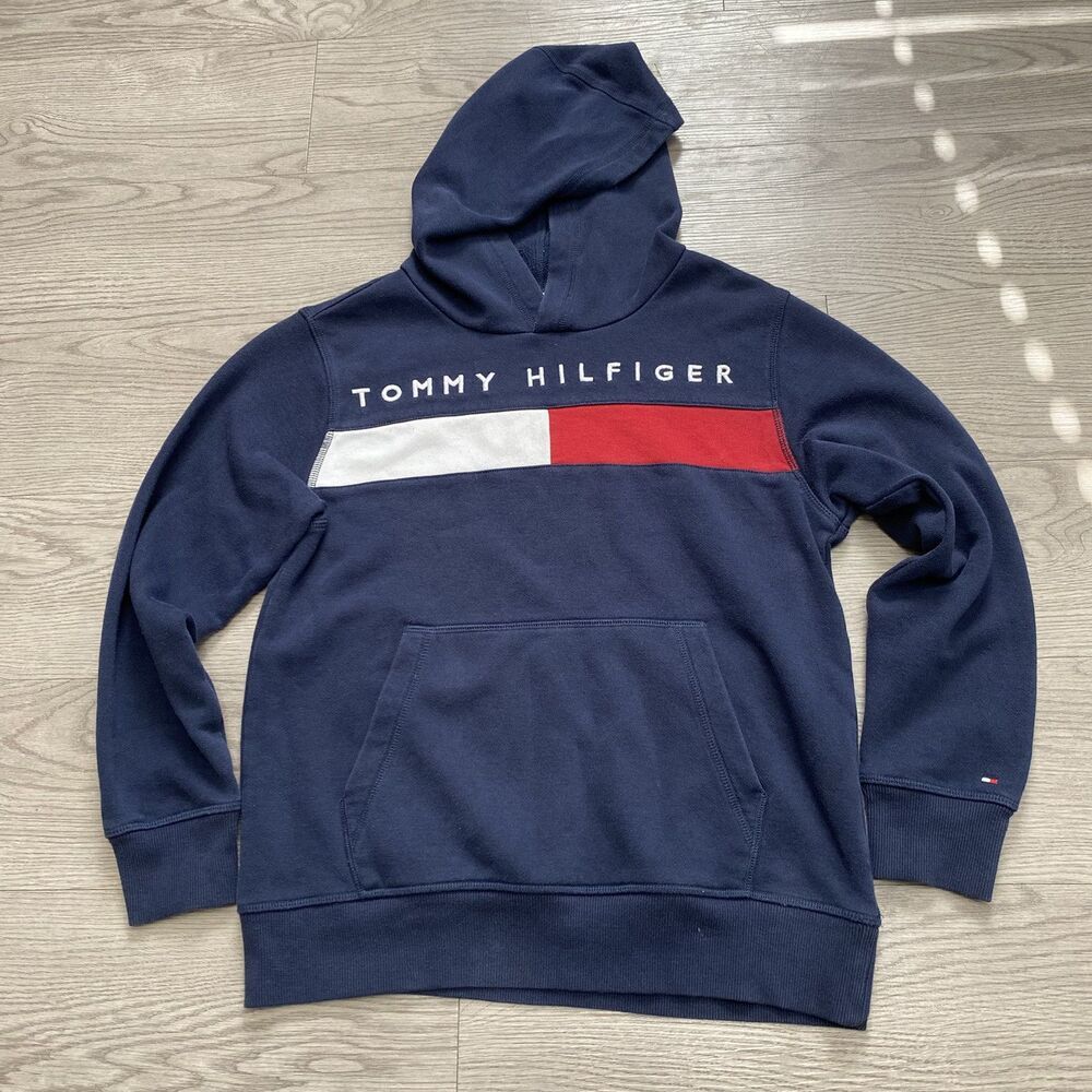 Tommy Hilfiger Hoodie Sweatshirt Boys Medium 12/14 Logo Navy